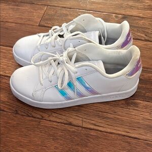 Adidas Kids White Sneakers with Iridescent Blue/Purple/Silver Accents